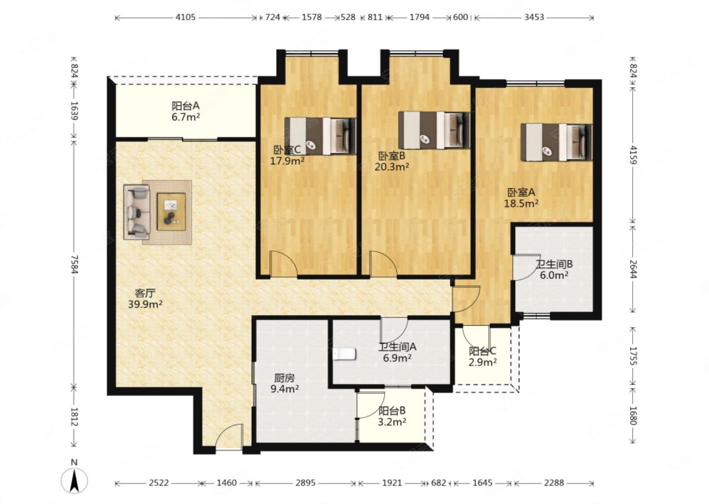 桐梓林紫檀精装套三155平户型方正对中庭安静不临街