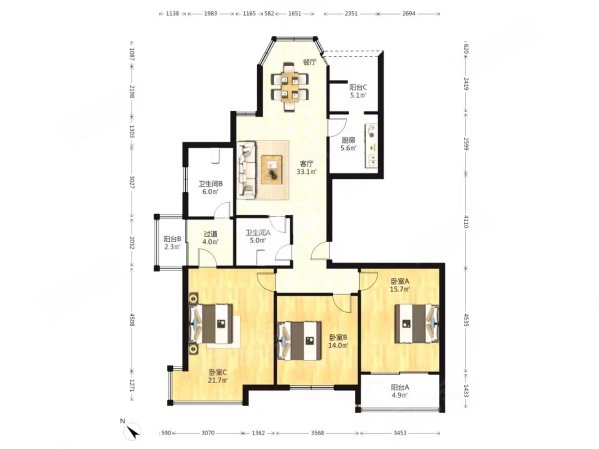 嘉华居(公寓住宅)3室2厅2卫155.19㎡南北508万