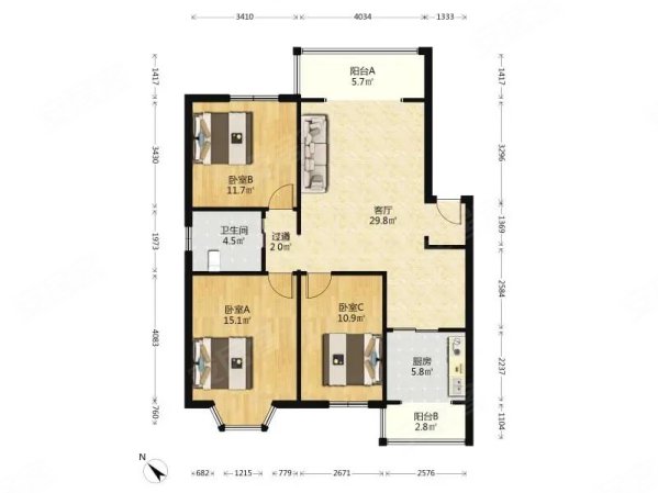 5河边套三户型方正拎包入住中间楼层,翠堤春晓二手房,129万,3室2厅,1