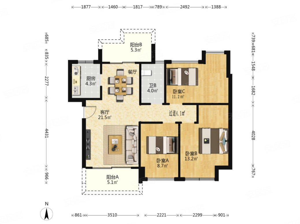 依山郡96平南北通双阳台送家私电器92万