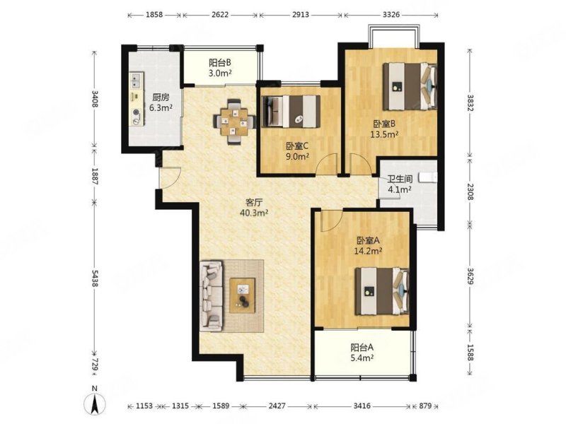 金棕榈小区3室2厅1卫120.04㎡南北170万