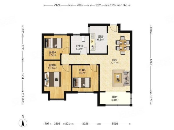 cbd龙湖天街旁 南北通透精装双阳台三居 满两年 高层观景