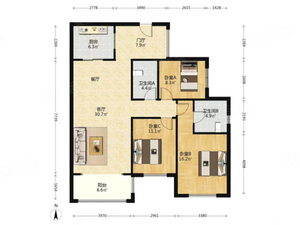 南湖国际中心3室2厅2卫126.96㎡南180万