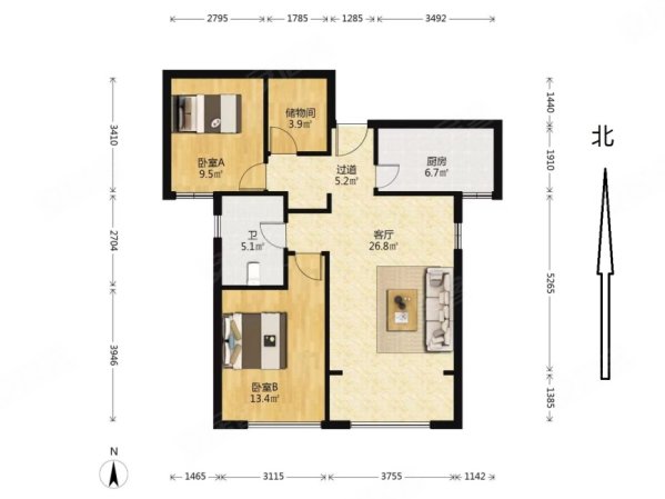 启锐园2室2厅1卫92.71㎡南北159万