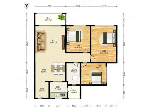 中山苑3室2厅1卫92㎡南北170万