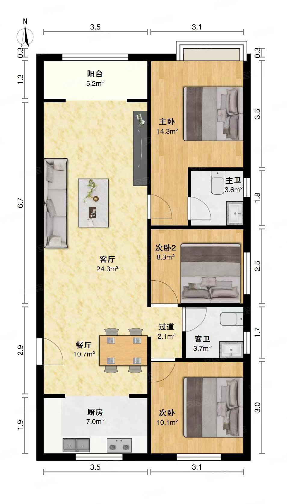 卓正上东区东第3室2厅2卫126㎡南北143万