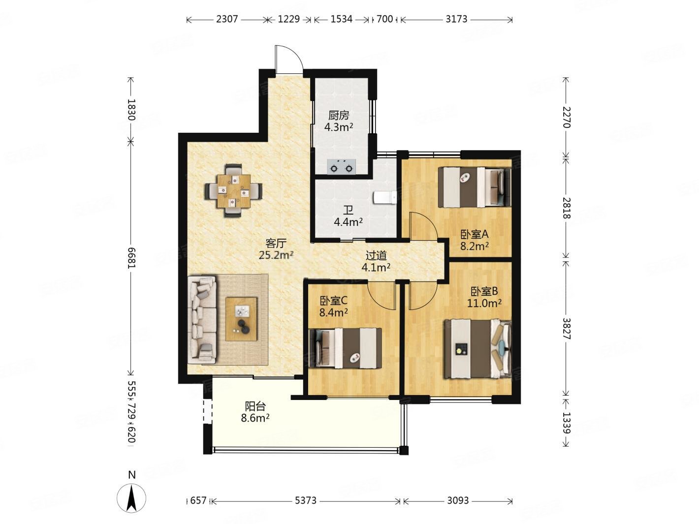 三房双阳台户型三开间朝南自住精装