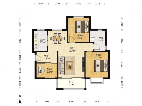 临滨苑3室2厅1卫89.58㎡南北156万