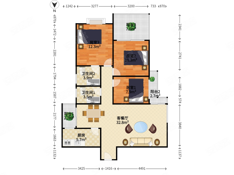 深物业新华城3室2厅2卫109.01㎡南590万