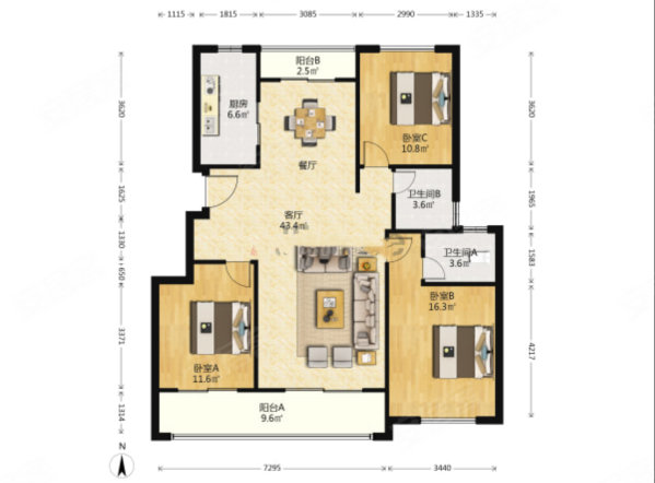 星尚镜廷府3室2厅2卫121㎡南北240万