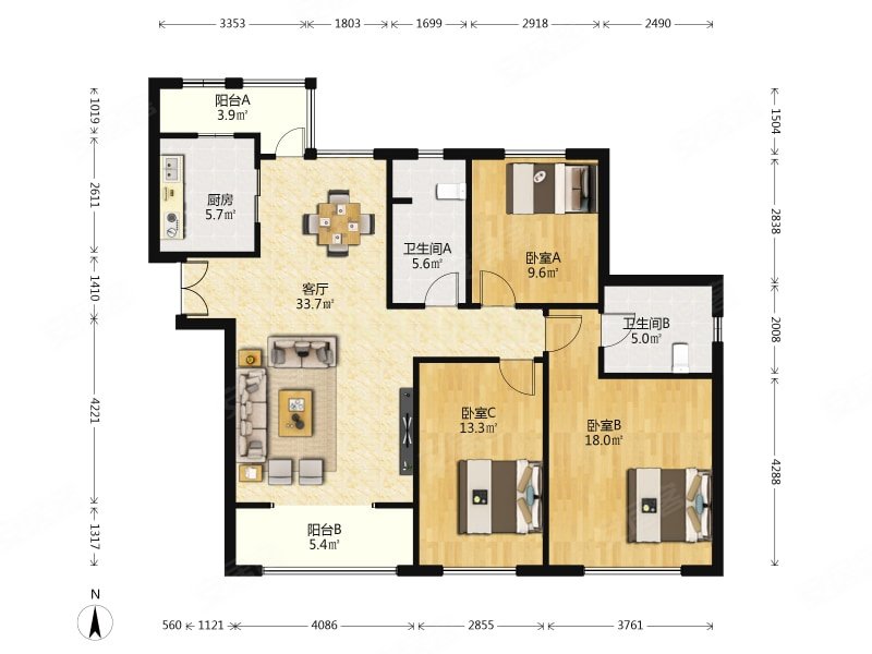 红星国际晶品轩3室2厅2卫131.06㎡南北385万