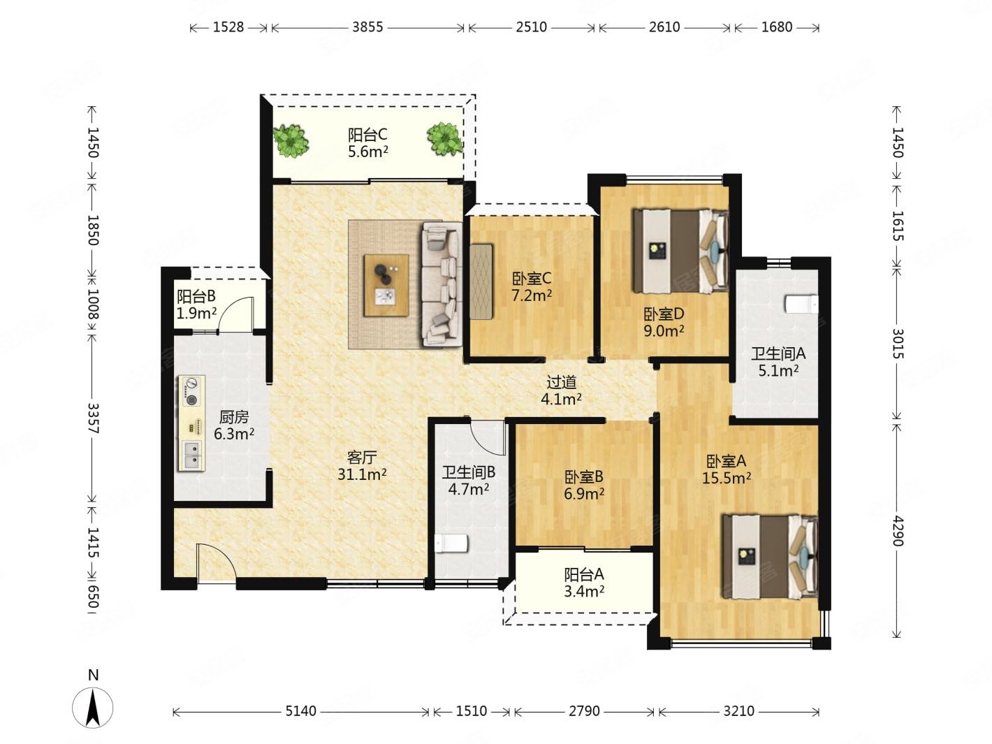 花曼丽舍4室2厅2卫121.46㎡南北190万