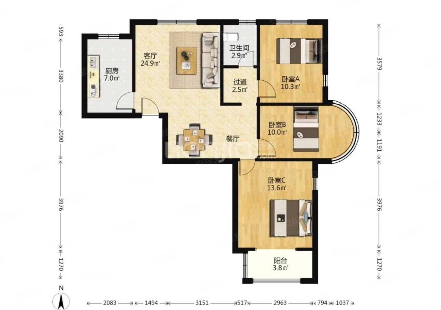 海悦华府小三房东边户采光超好