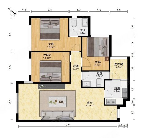 公园大地3室2厅2卫97㎡南北59.8万