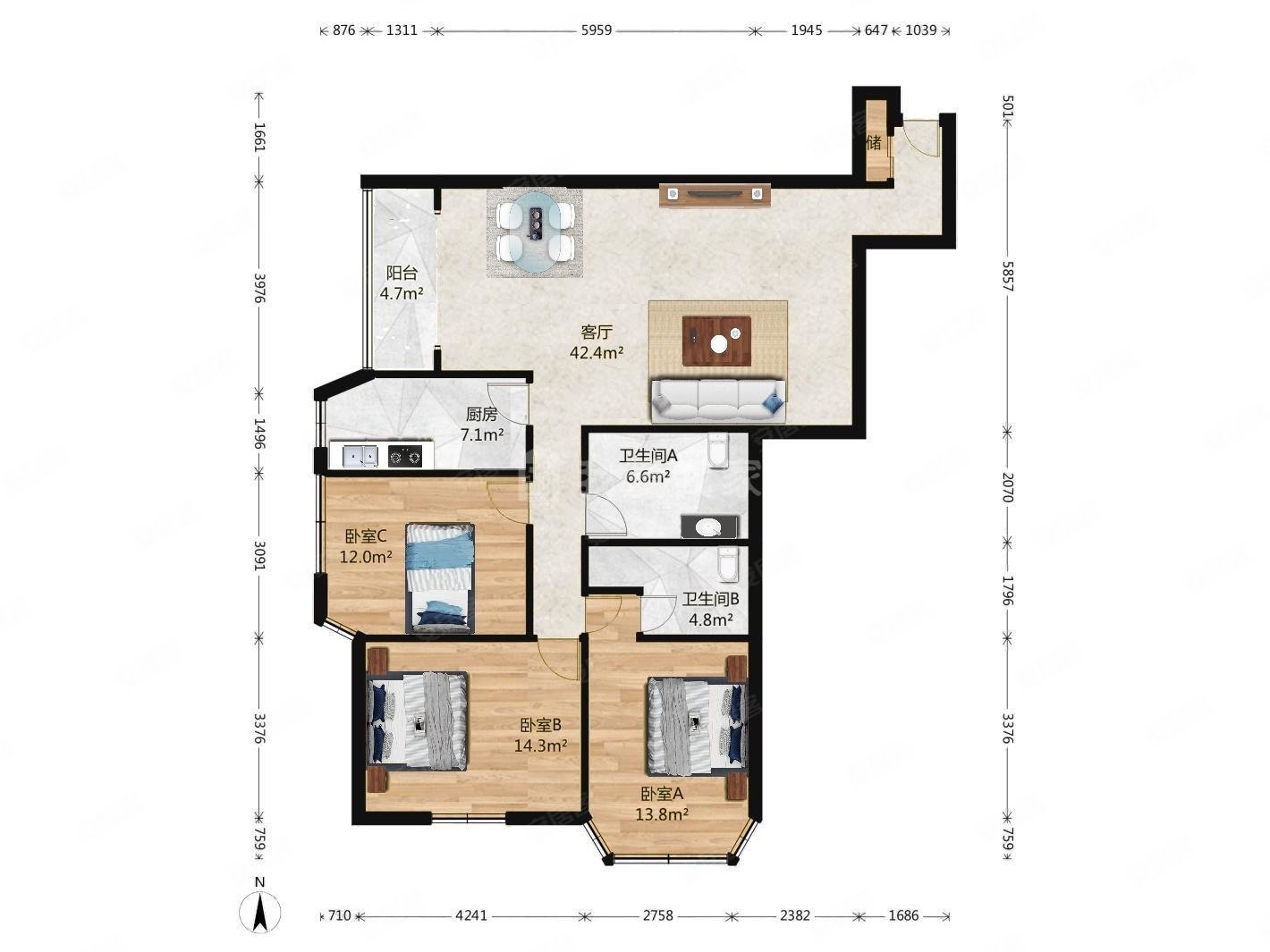 芳林苑3室1厅2卫148.31㎡西南890万
