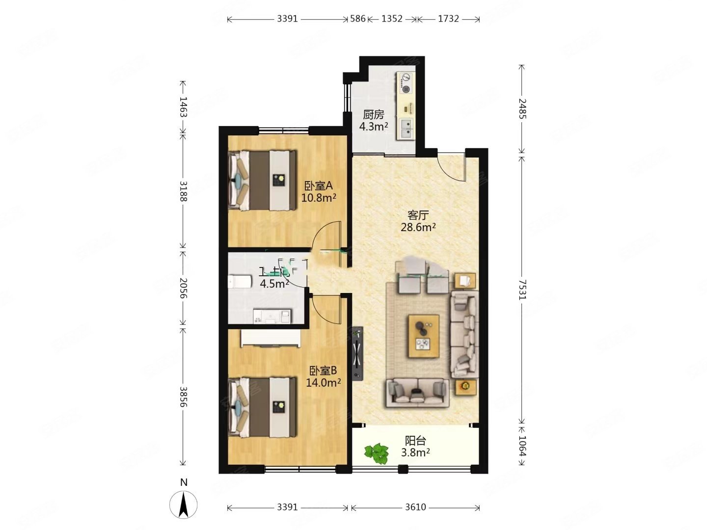 套二随时看房,朝阳山社区二手房,76万,2室2厅,1卫,94平米-青岛安居客