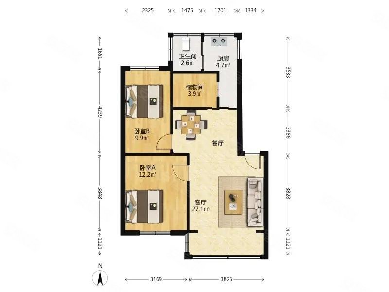 香山花园2室2厅1卫71.56㎡南105万