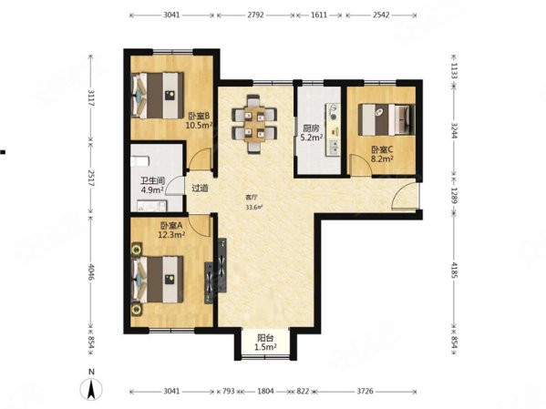 住总兴康家园3室2厅1卫107.35㎡南北385万