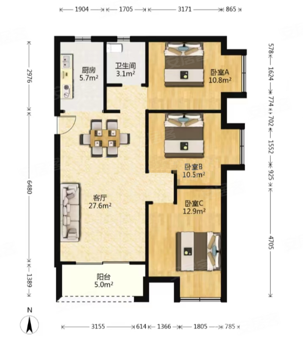 万华城郁香苑3室2厅1卫106.25㎡南122万