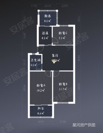 中铁十七局宿舍2室1厅1卫68.82㎡南北68万