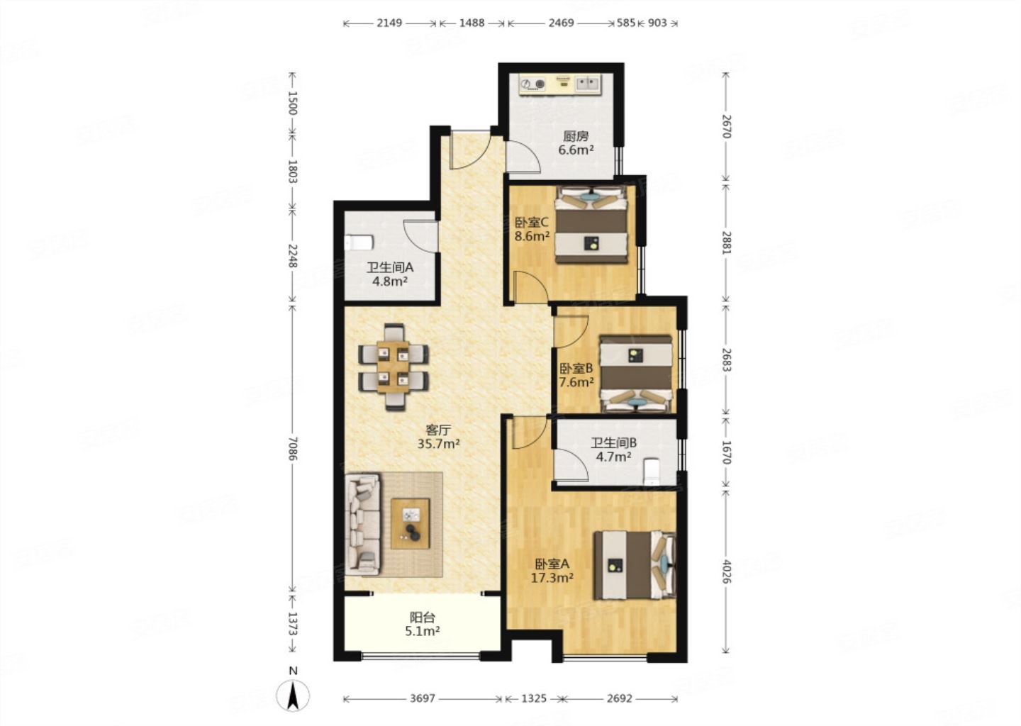 阳光台3653室2厅1卫113.96㎡南193万