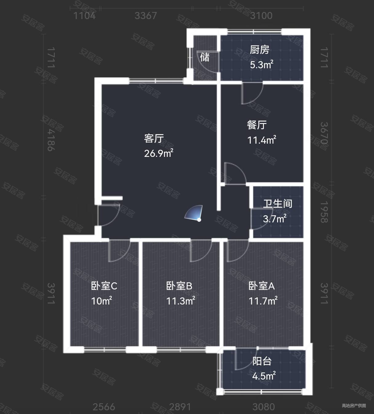 紫阳小区3室2厅1卫104.92㎡南北58万