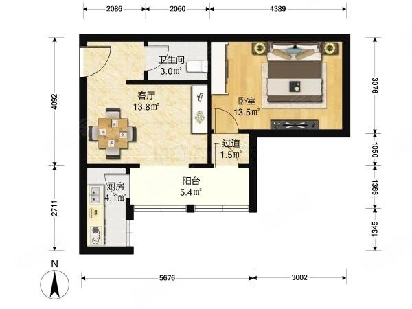 玺萌鹏苑1室1厅1卫57.24㎡南323万