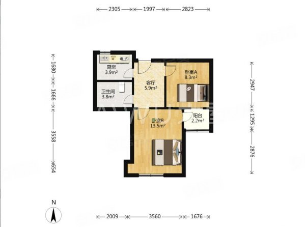 春竹大楼2室1厅1卫62.68㎡南北455万