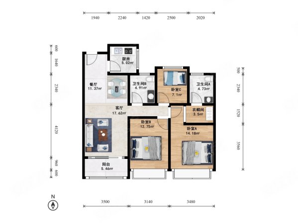 滨江御滨府(公寓住宅)3室2厅2卫101.66㎡南508万