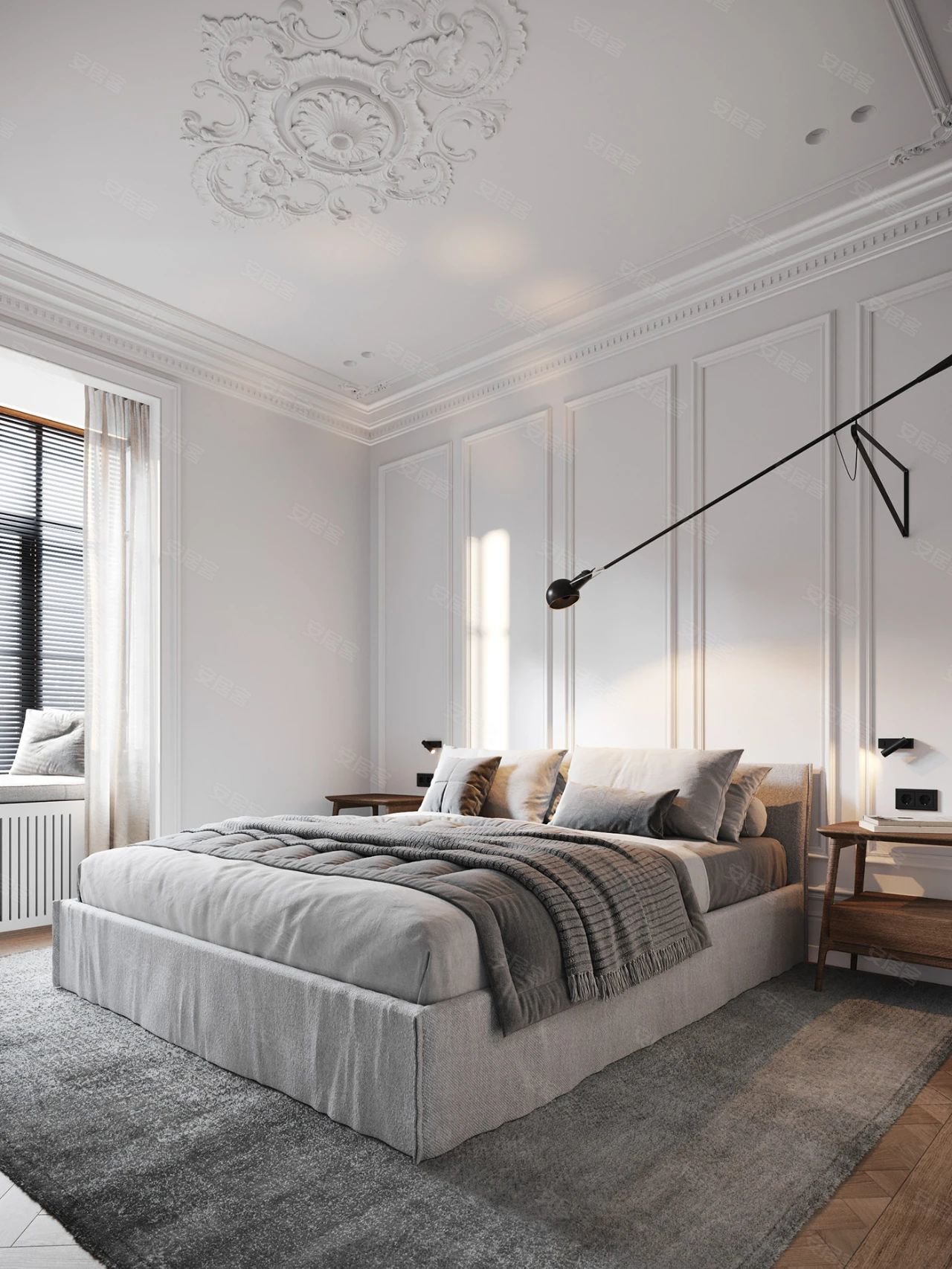 主卧简约石膏线背景墙,古典与自然的融合,搭配浅灰的床品,打造复古