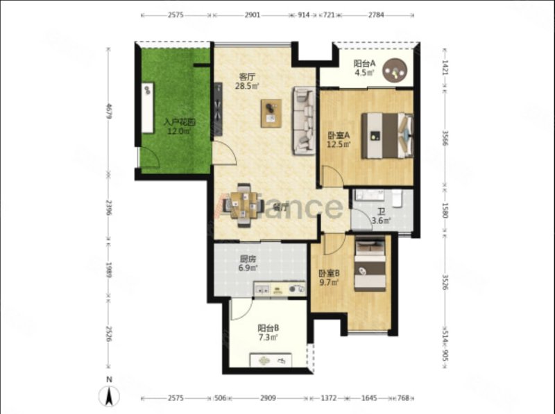 格力香樟2室2厅1卫90.95平入户花园带两地车牌