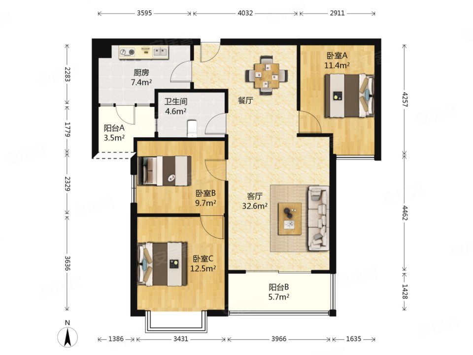 融科天城(一期)3室2厅1卫108.44㎡南北320万