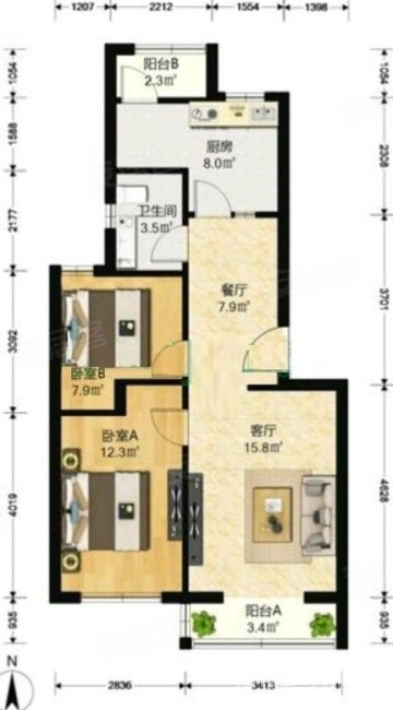 万科城市花园东区2室2厅1卫81.6㎡南北300万