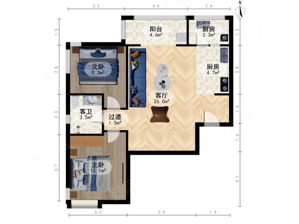 诗景长安2室1厅1卫91.97㎡南北530万