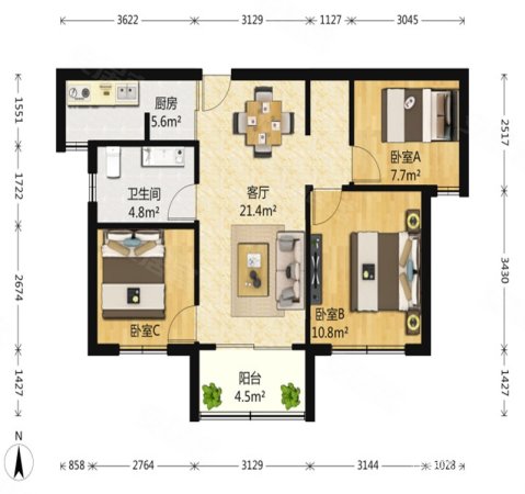 盛和家园(南区)3室1厅1卫89.94㎡南北169万