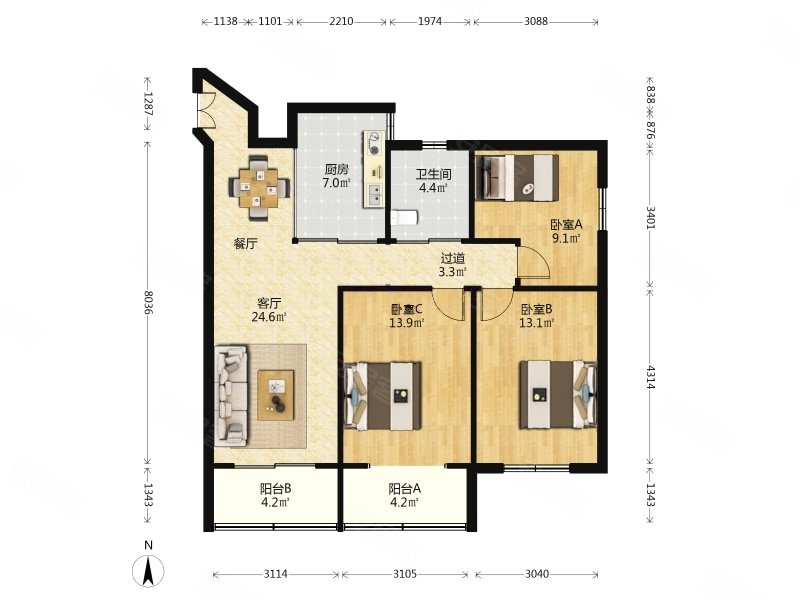 明佳公寓3室2厅1卫124.52㎡南北675万