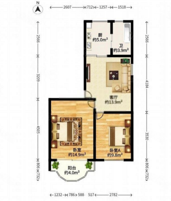 宝鸿小区2室1厅1卫63.92㎡南北310万