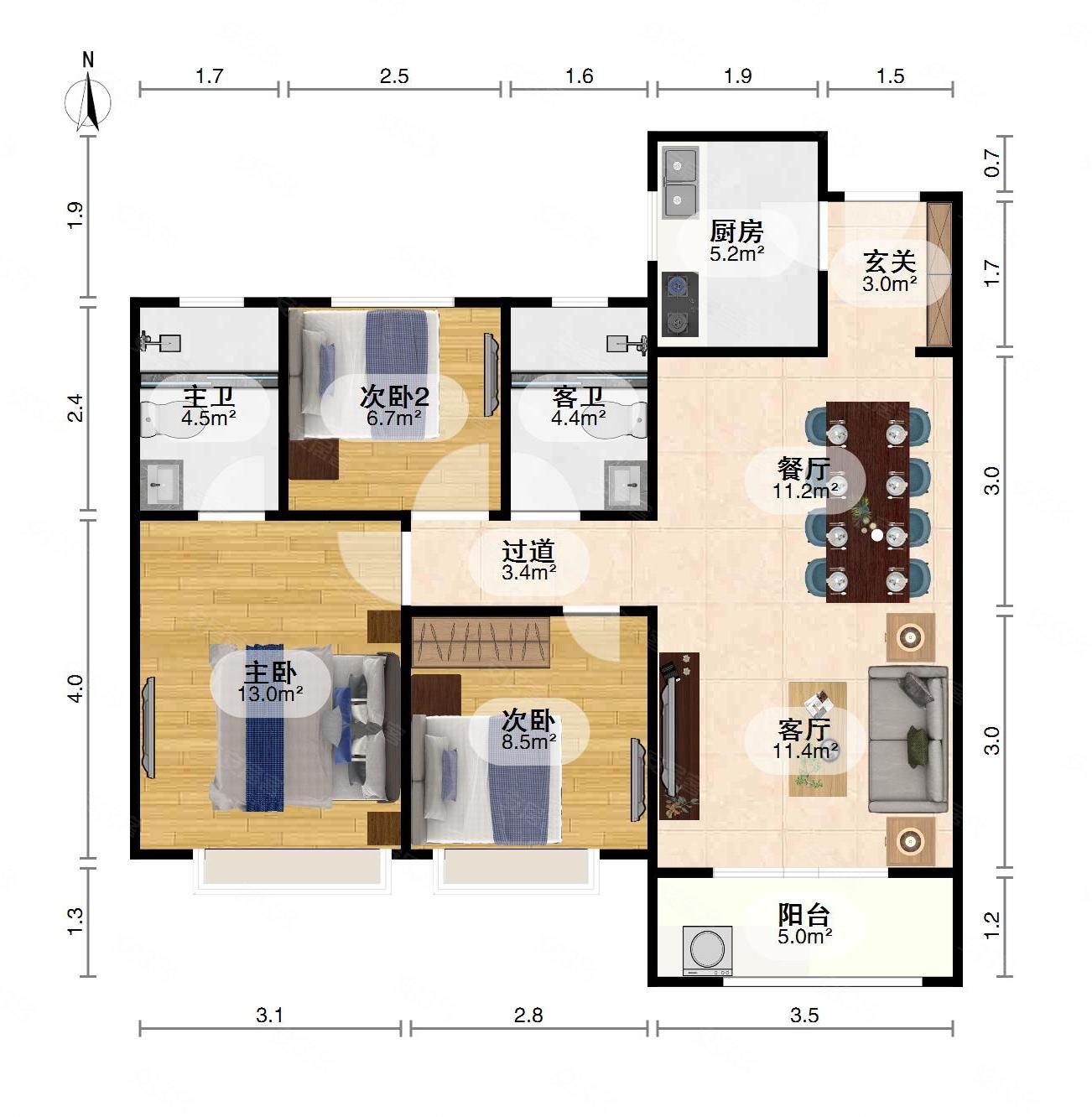 绿地光谷中心城3室2厅2卫104.7㎡南北195万
