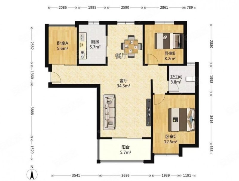 蓝鼎滨湖假日翰林园3室2厅1卫86.9㎡南194万