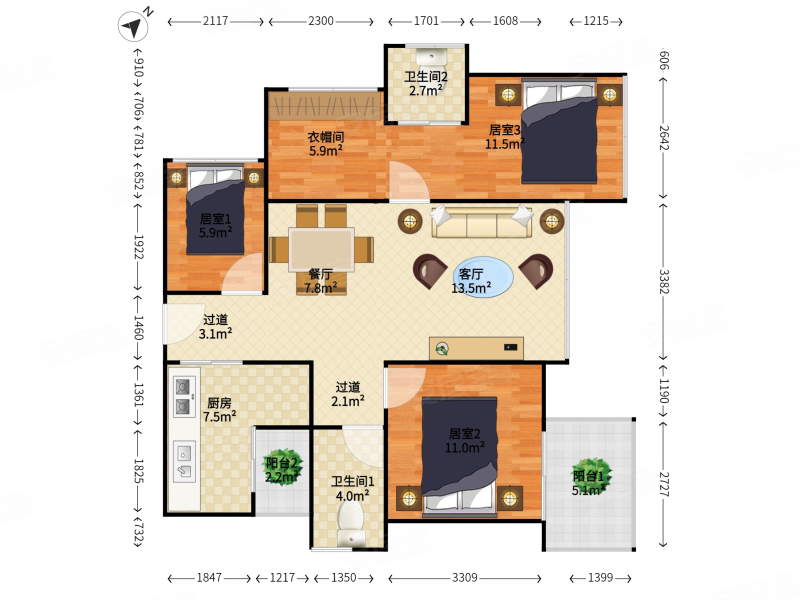 珑门大三房带衣帽间豪华装修高楼层可刀