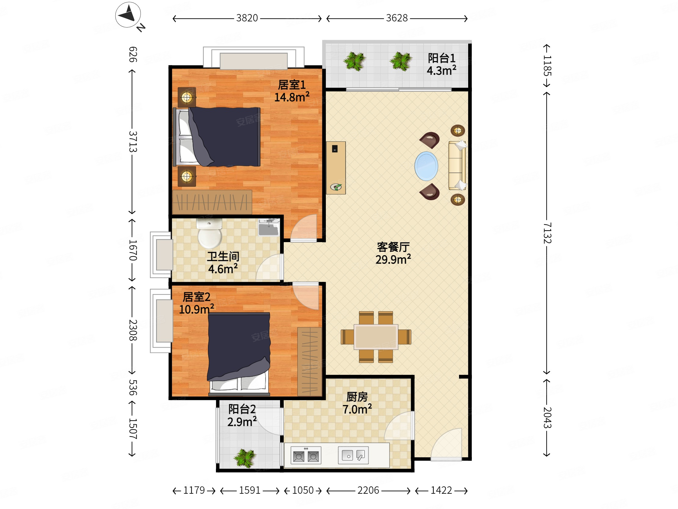 华润城润府三期2室2厅1卫89.01㎡南北1100万