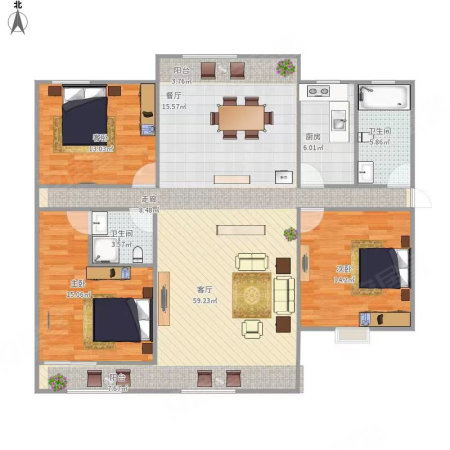 园丁小区3室2厅2卫136㎡南北79.8万