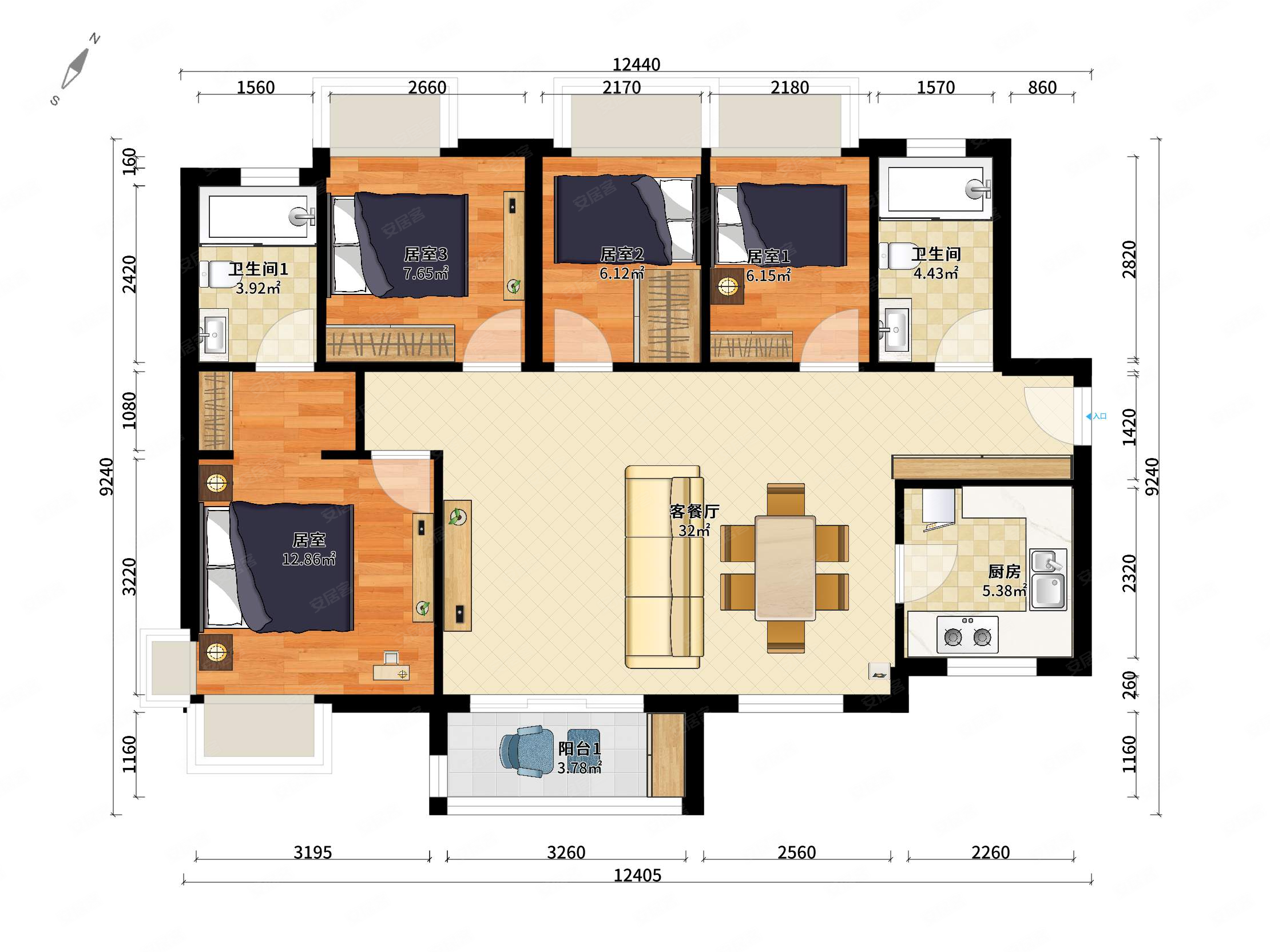 万樾府4室2厅2卫111.76㎡南北398万