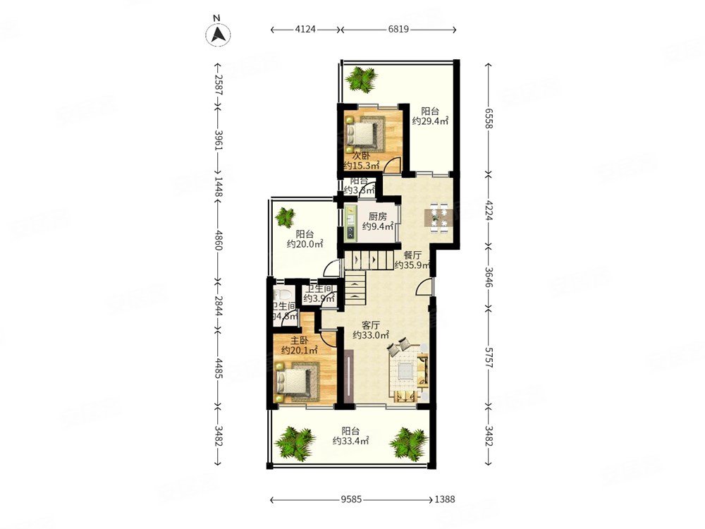公园大地 全新毛坯 266平复式