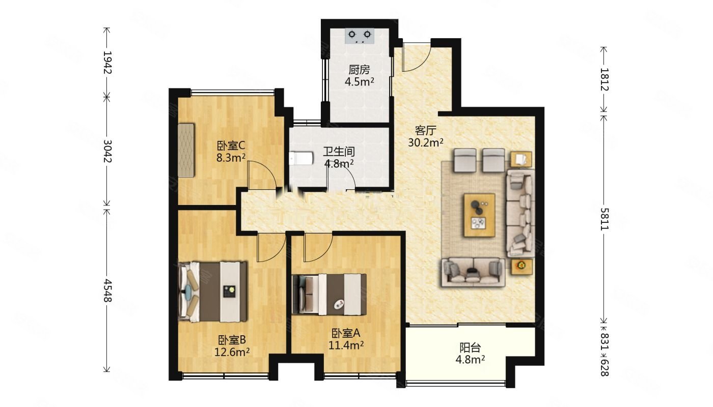 泓玺台3室2厅2卫94.75㎡南235万