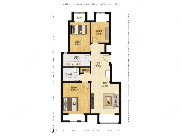 万科幸福汇3室2厅1卫96.58㎡南北160万