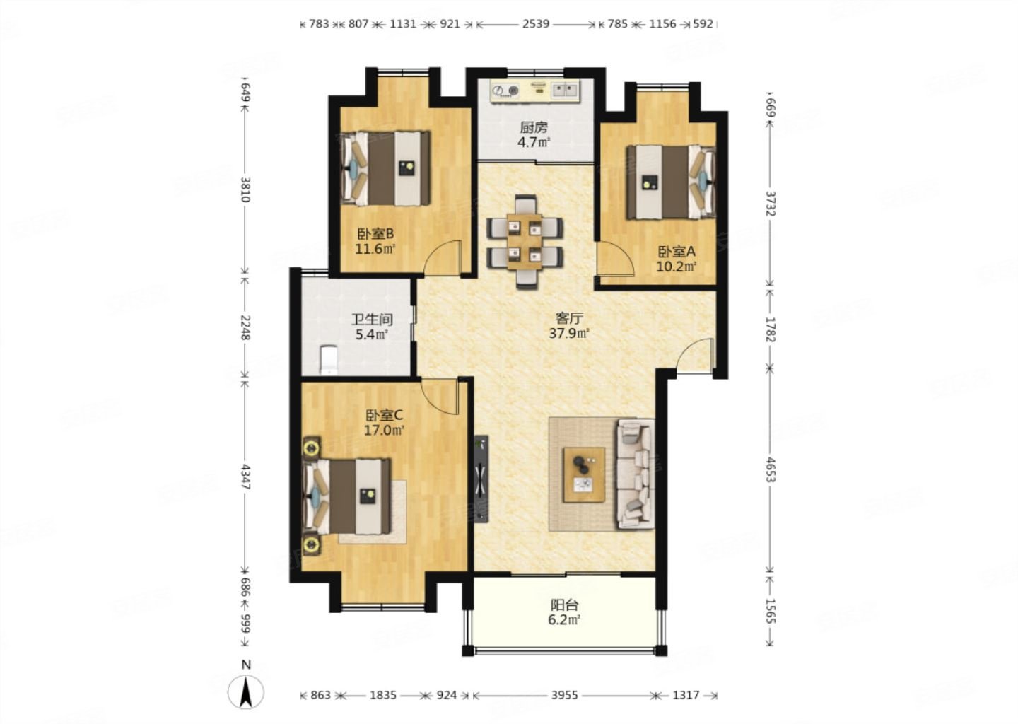 城市绿洲花园(二期)3室1厅1卫105.46㎡南北248万
