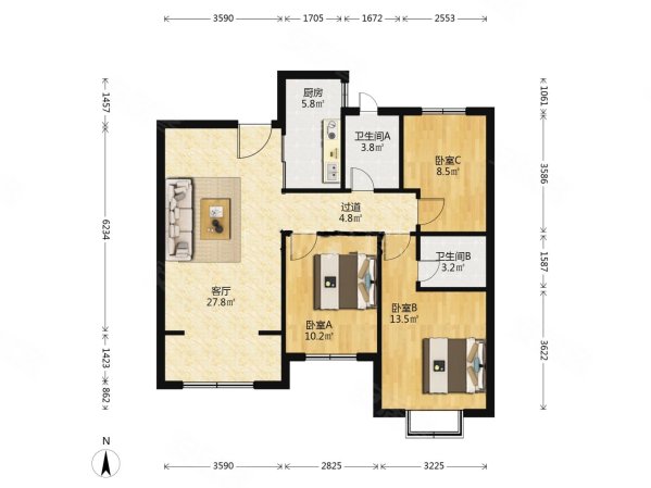 大尚华府3室2厅2卫112㎡南北82万