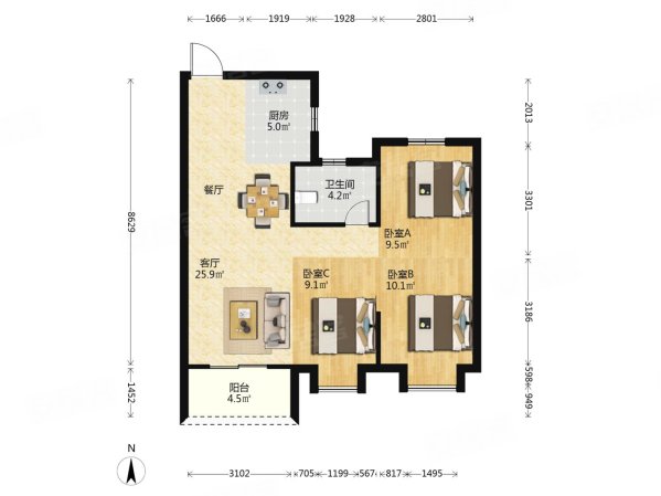 阳光城檀境3室2厅2卫87.85㎡南北175万