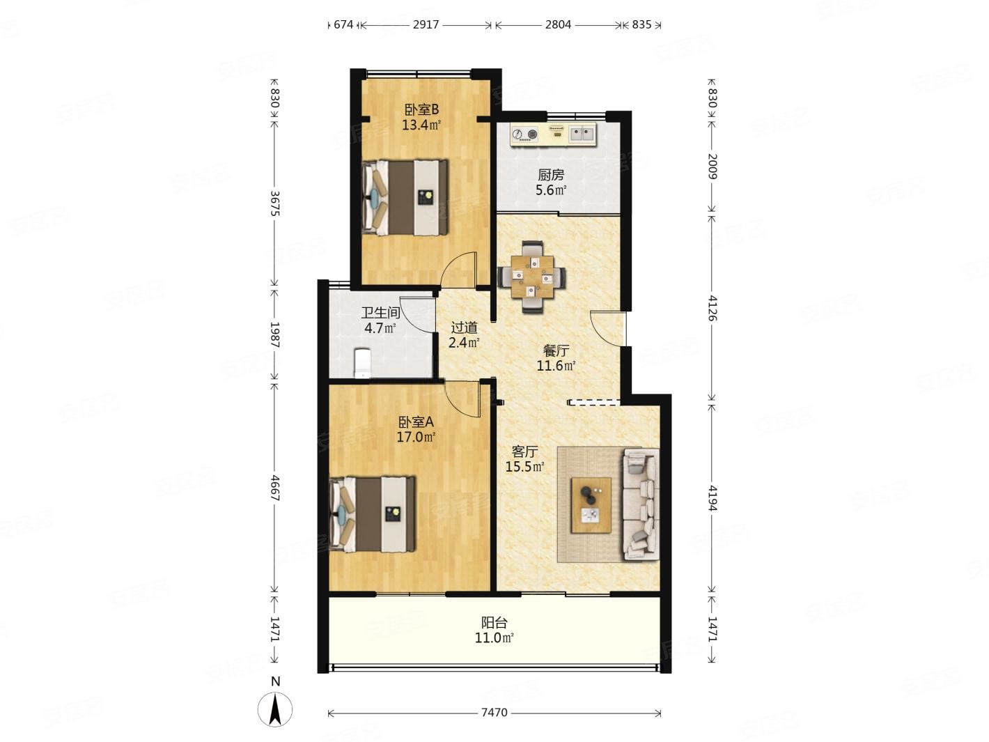 自住精装修 两室两厅 南北通透户型 满二 ,嘉和银领时代(公寓住宅)